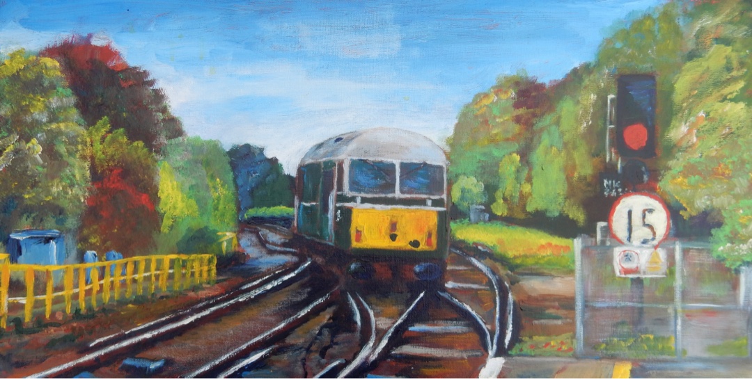Painting of train as seen from the platform